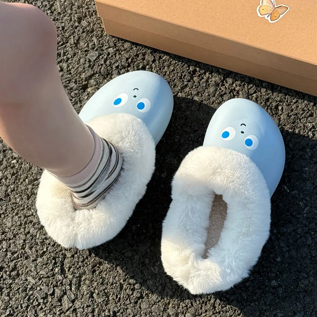 可爱防水棉拖鞋女款2025新款室内加绒保暖外穿一脚蹬冬天毛毛拖鞋