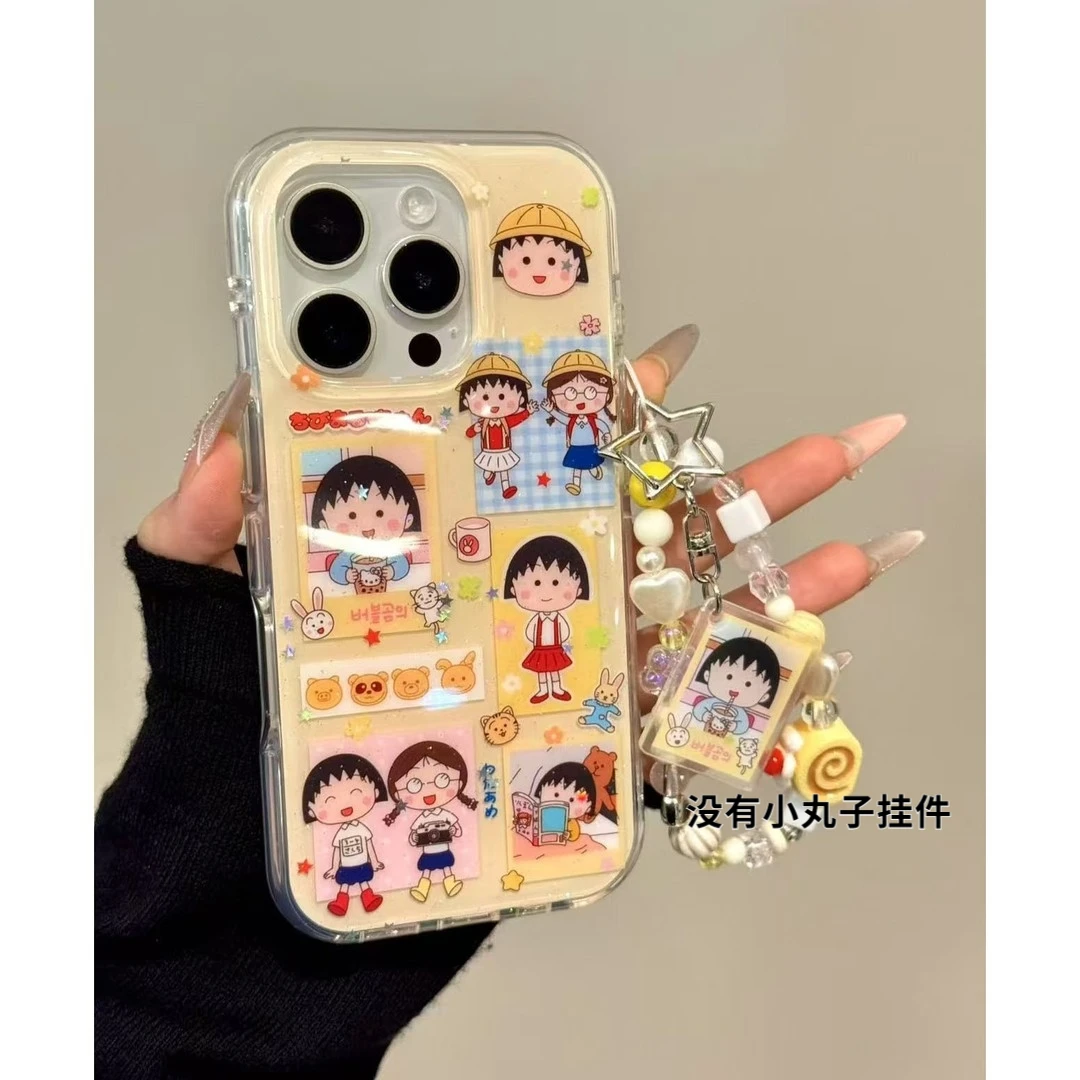 适用插画小丸子苹果16promax大孔手机壳华为oppovivo小米15可爱