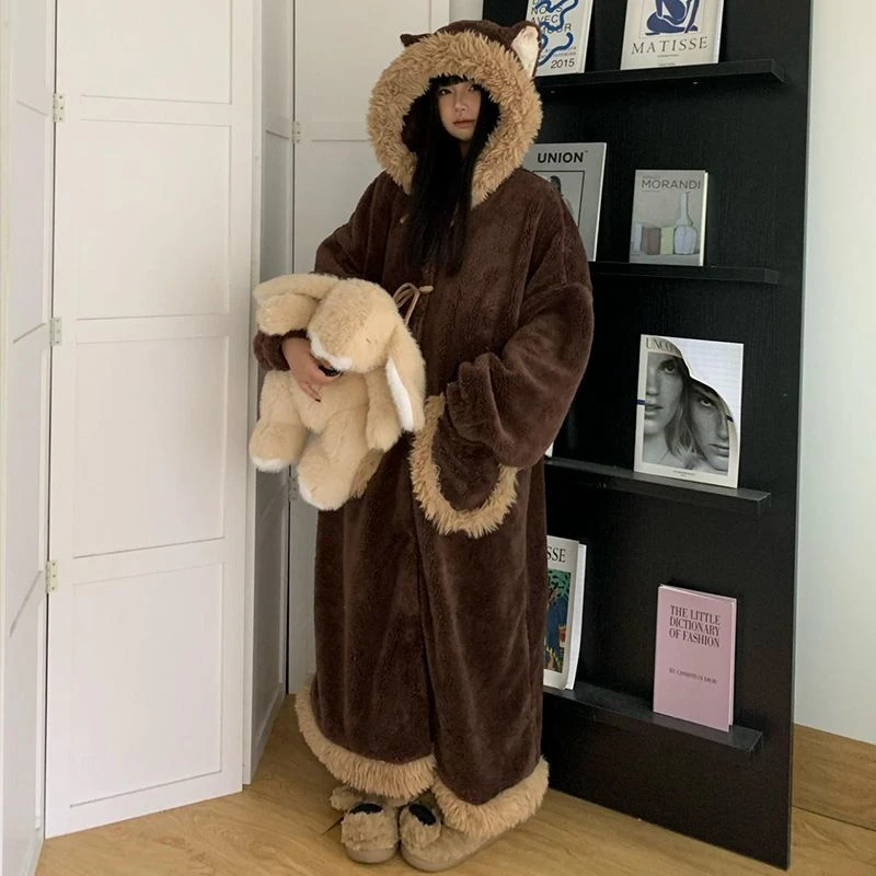 长毛绒睡袍女2025年冬季珊瑚绒保暖加绒加厚睡衣女家居服套装外穿