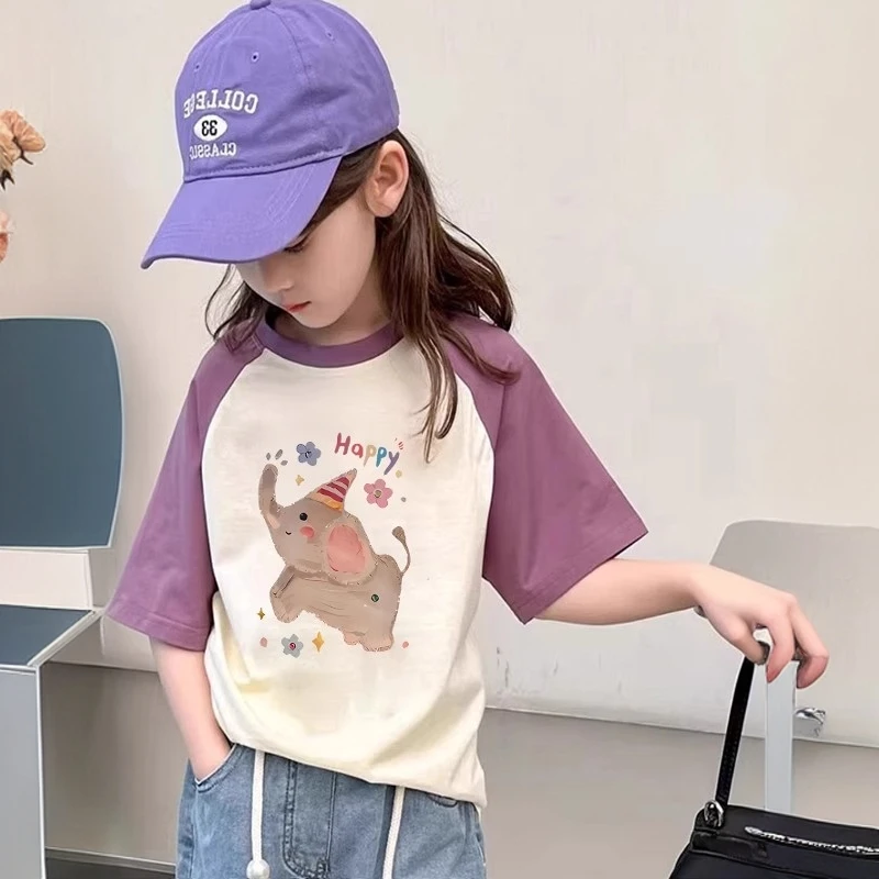 夏季纯棉卡通小象T恤衫儿童洋气拼色短袖女宝宝内搭宽松半袖上衣