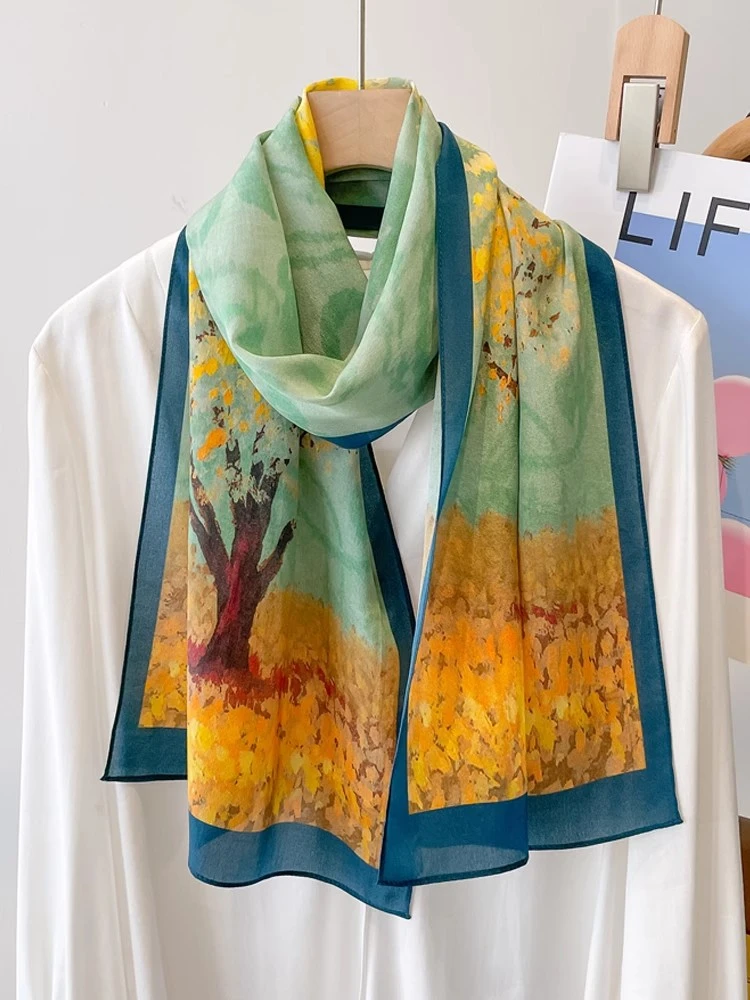 油画风双绉100%真丝杭州丝绸围巾桑蚕丝巾女士披肩春秋长条领巾