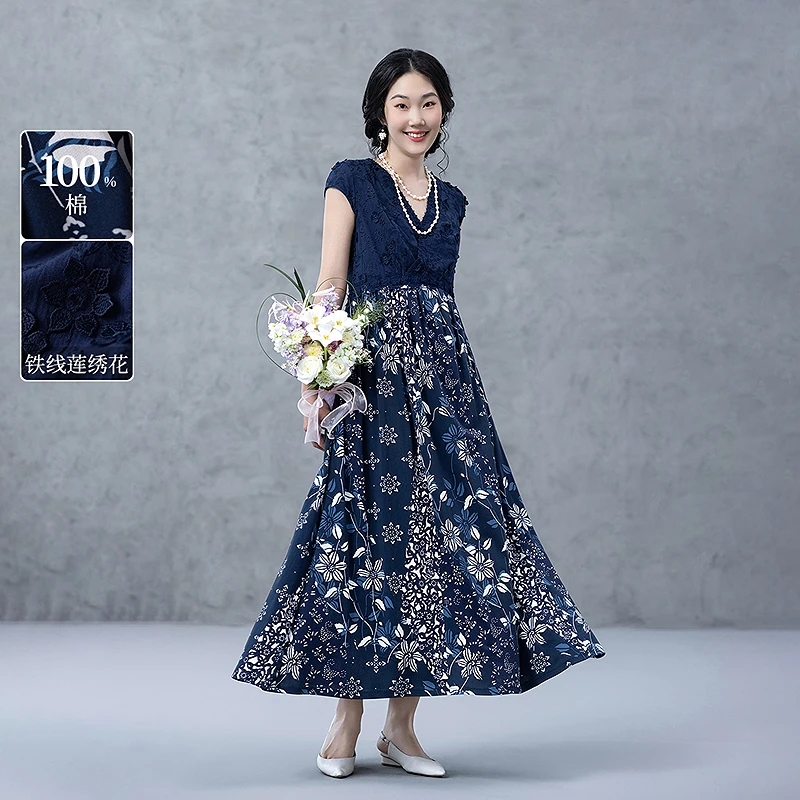 生活在左2025春纯棉水田连衣裙复古蓝印花纹优雅绣花长裙1952053