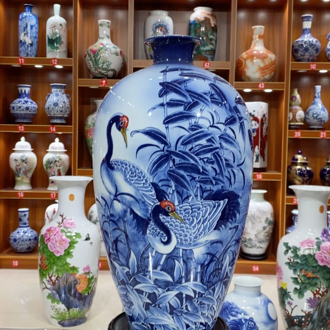 摆件纯手工手绘青花花鸟图高度47肚径24