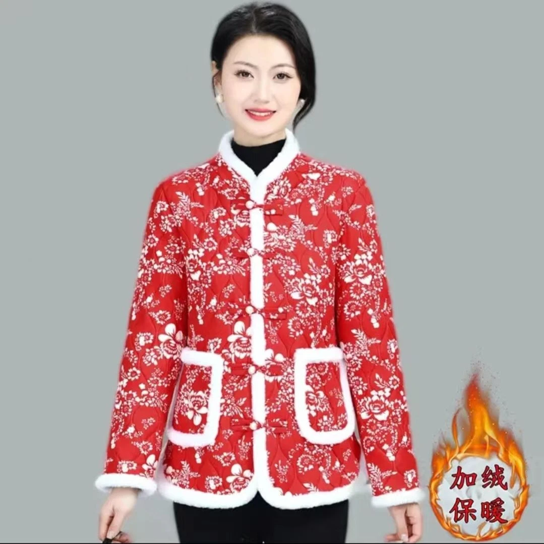 新款冬装妈妈时尚碎花百搭款加厚网红外套短款大花女装中国风