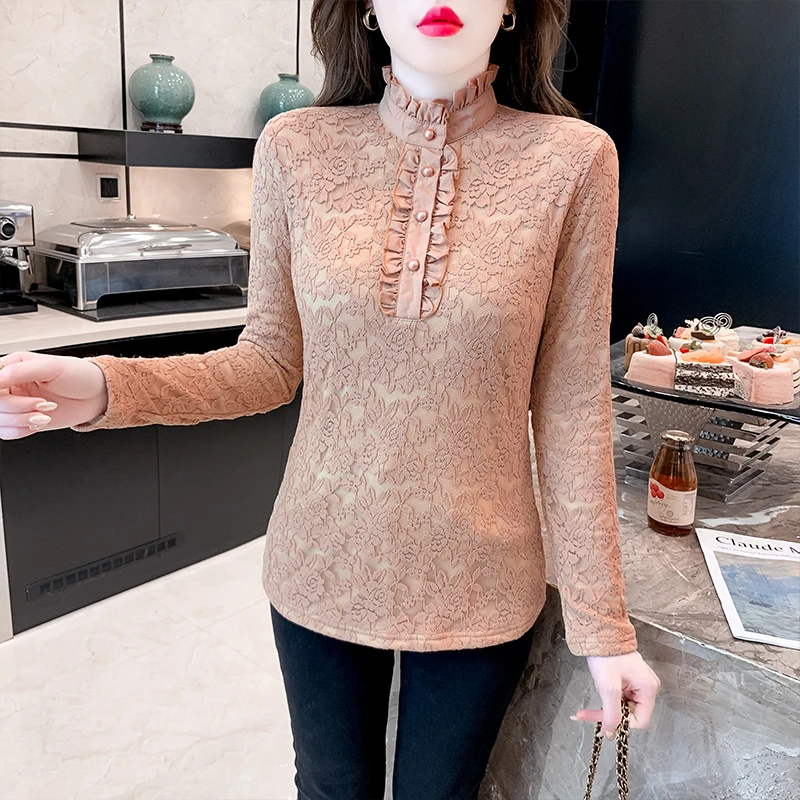 长袖加绒加厚打底衫百搭秋冬季大码时尚洋气内搭蕾丝保暖上衣胖mm