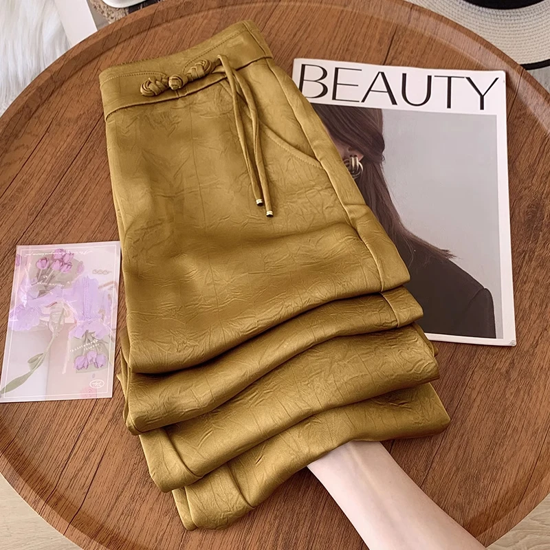 拉夏贝尔国风阔腿裤女垂感夏季2025年新款缎面冰丝新中式直筒裤子