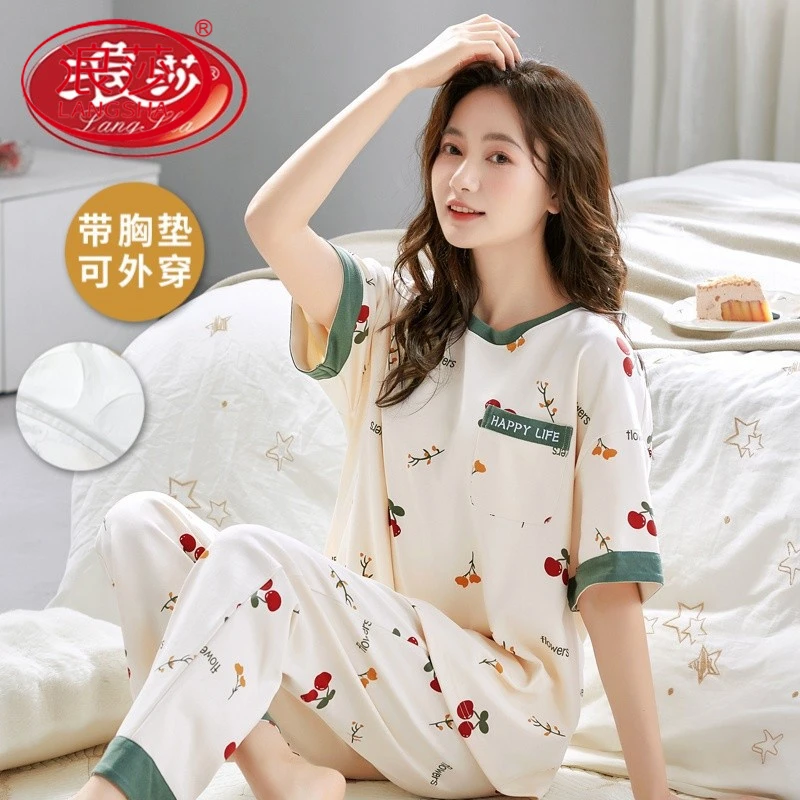 新款带胸垫一体睡衣女短袖长裤薄款夏天可外穿休闲家居服大码套装
