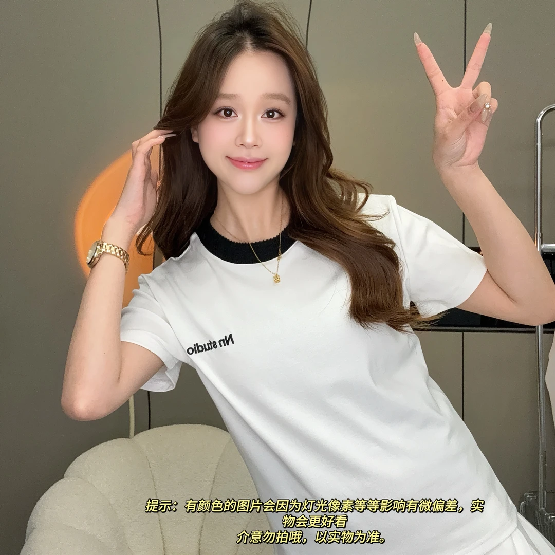 芈芈2025新款短袖 设计刺绣短袖T恤女修身显瘦上衣2137