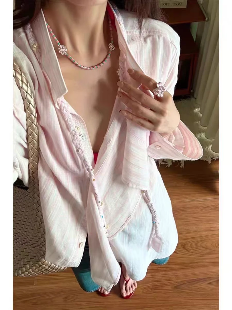 夏季新款高级感手工编织麻花飘带粉色条纹两穿防晒衬衫女