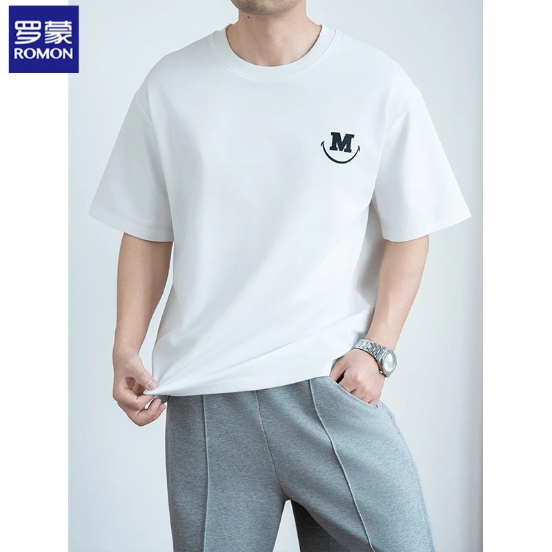 罗蒙夏季棉质短袖t恤重磅圆领半袖上衣时尚简约凉爽透气抗皱体恤