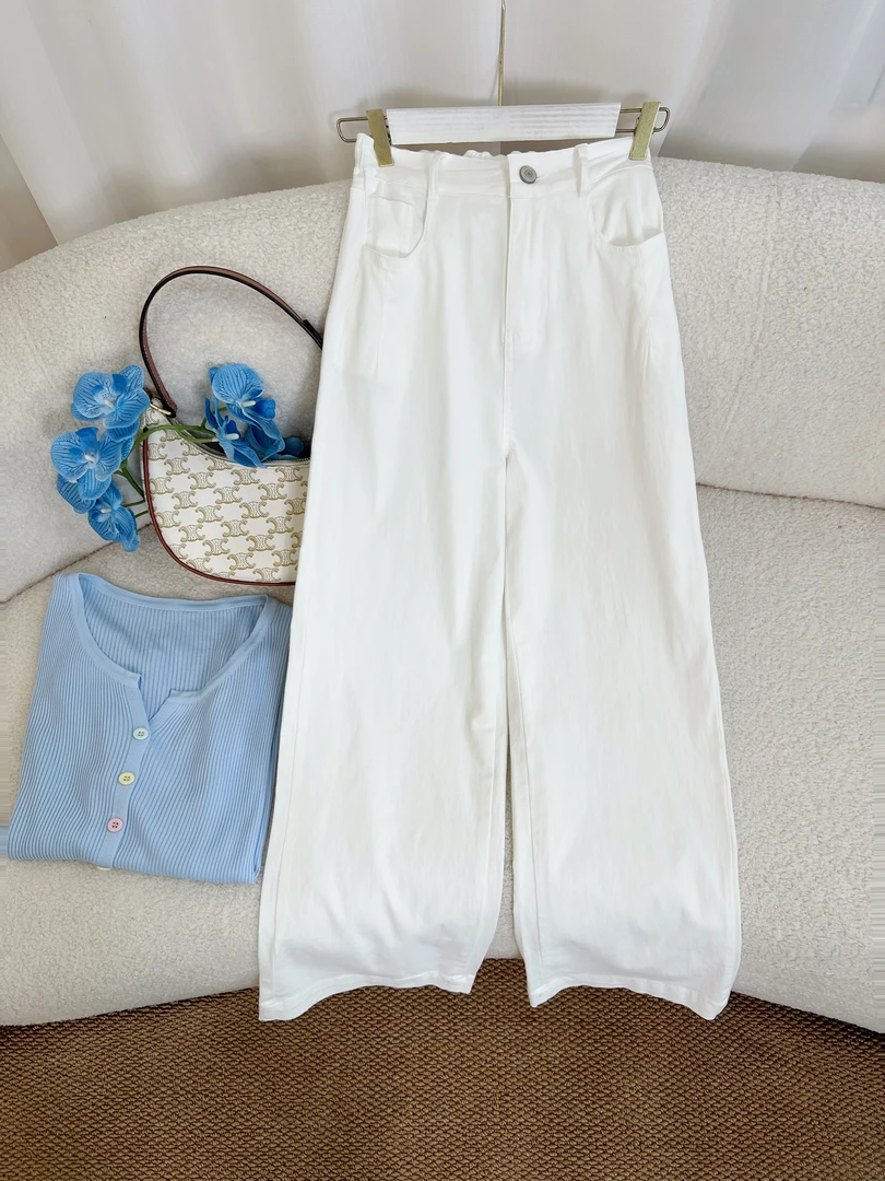 悠悠~【呼吸裤】夏季宽松后腰松紧直筒显瘦牛仔水洗棉九分小白裤女