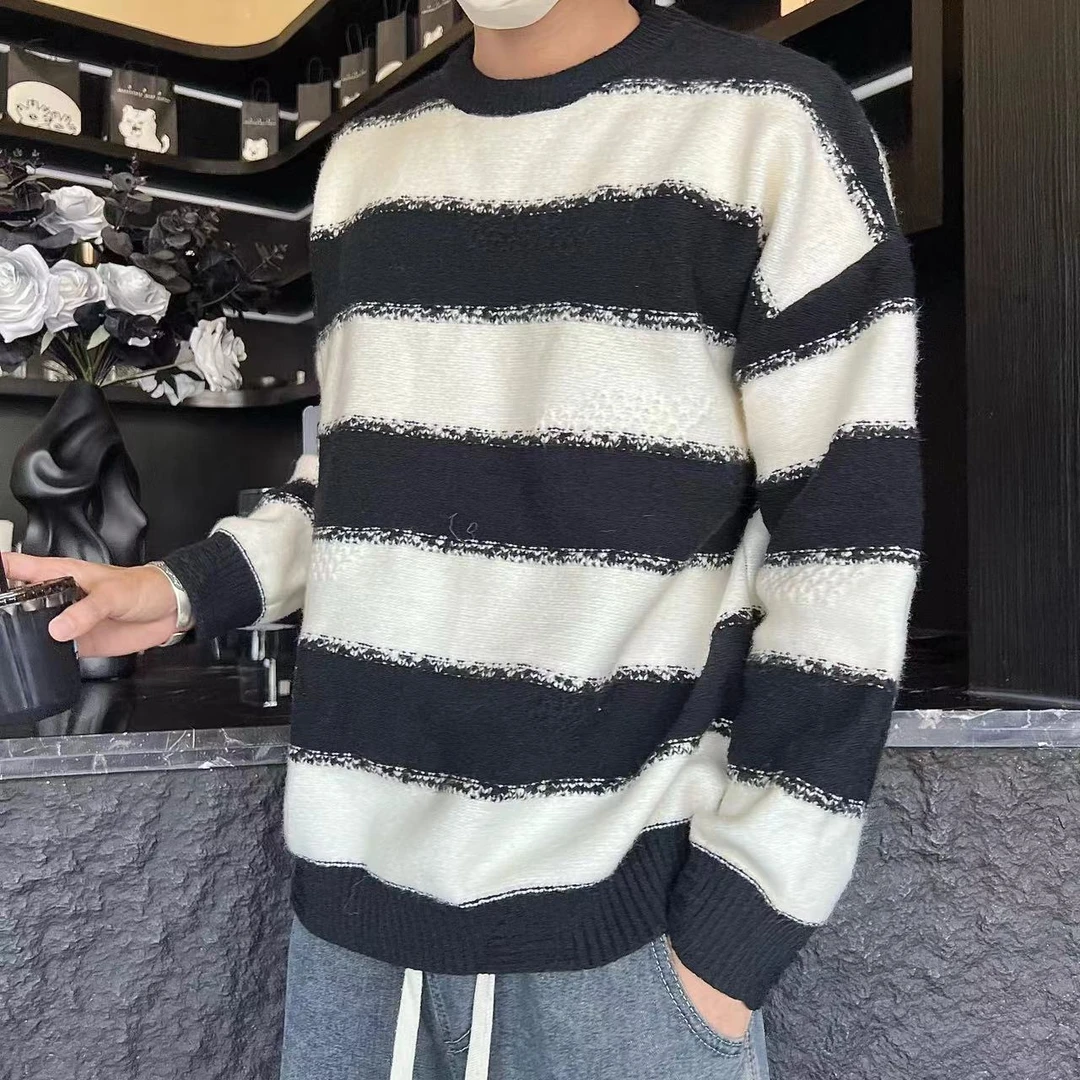 条纹毛衣宽松学生长袖百搭男士针织秋季时尚针织衫套头