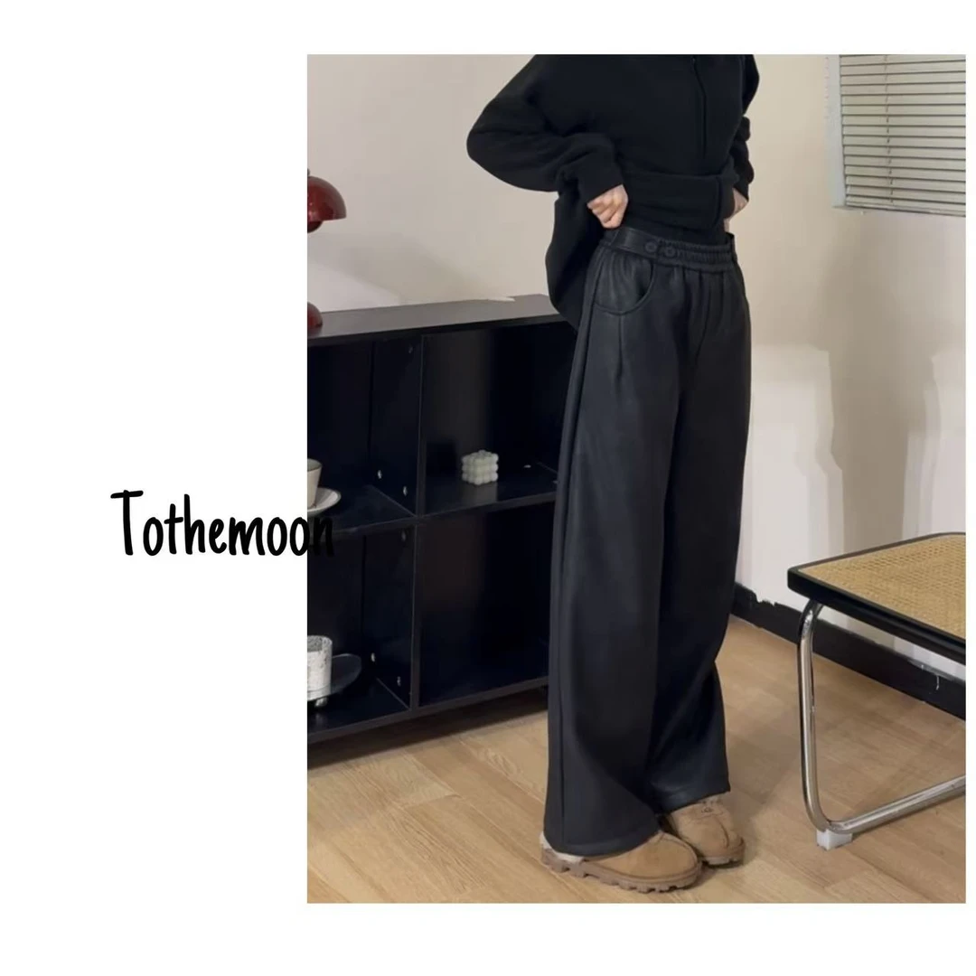 UpSd 原创【Jinx】哑光皮质加绒垂感显瘦设计感冬季百搭直筒休闲裤