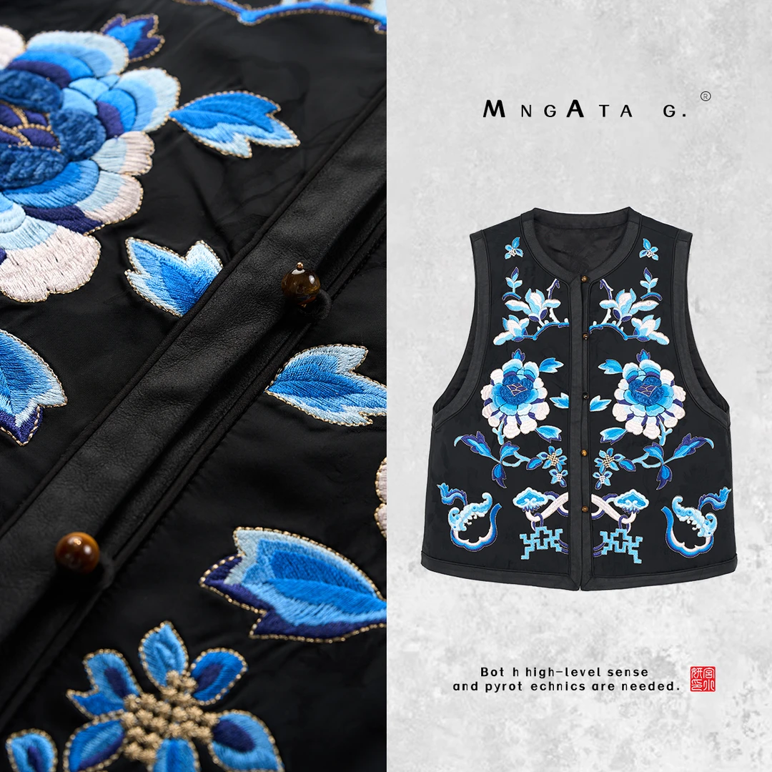 MNGATA G.宫小妍【蓝星花】拼羊皮新中式中国风坎肩马甲秋冬X280291