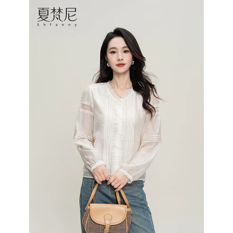 夏梵尼安妮假日春装新款重工蕾丝长袖衬衫天丝小衫上衣