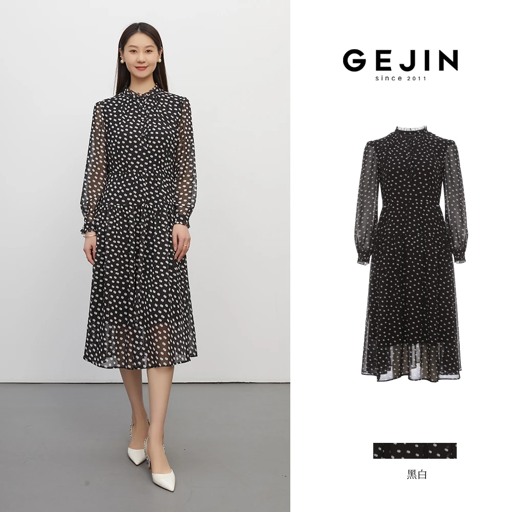 GEJIN/歌锦文艺复古黑白波点摩登优雅气质显瘦连衣裙9322550364