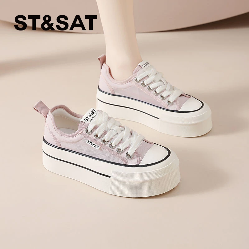 星期六运动薄款帆布鞋女士2025新款夏季运动鞋厚底增高百搭网面鞋