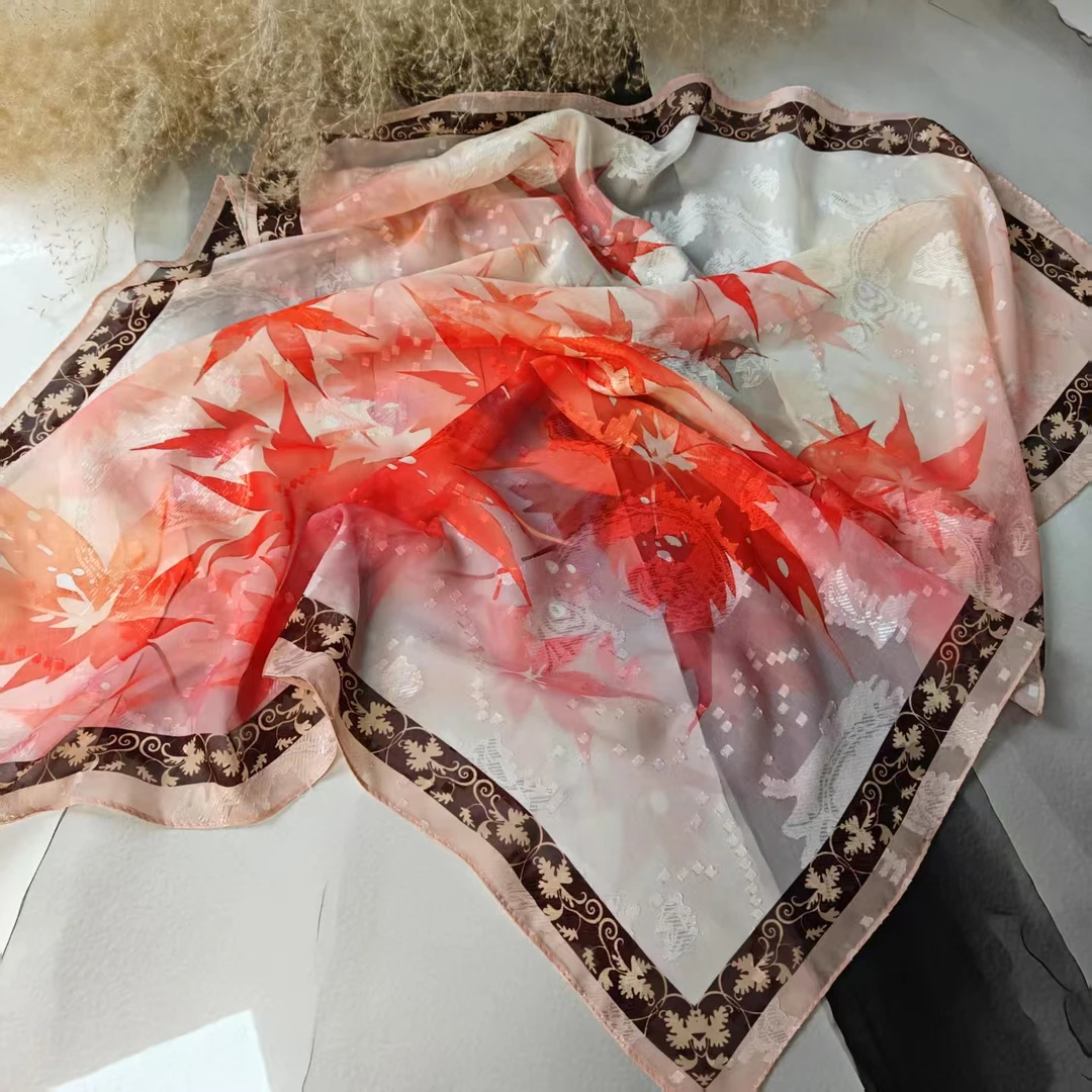 新款【秋枫】70*70重磅香云剪花高货重磅国风高端丝巾-F12