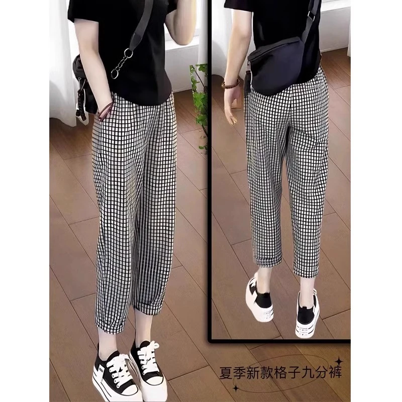 黑白格子休闲裤女夏季薄大码梨形胖mm显瘦高腰小个子九分哈伦裤子