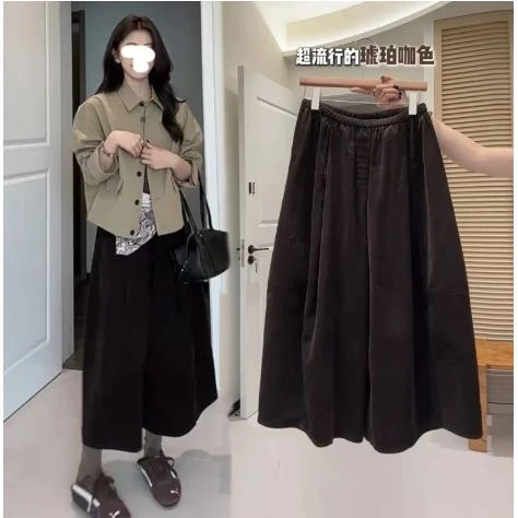 网红复古气质灯芯绒花苞裤女秋冬阔腿宽松咖色八分裤显瘦休闲裤子