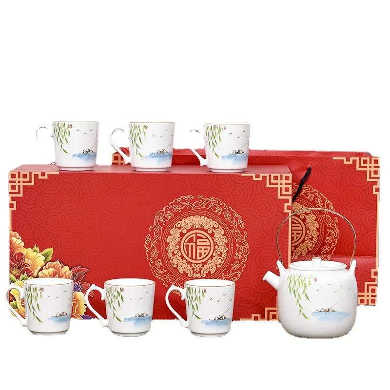 陶瓷手绘送礼茶具水杯礼盒带耳办公创意水具提梁壶小型大号套装家