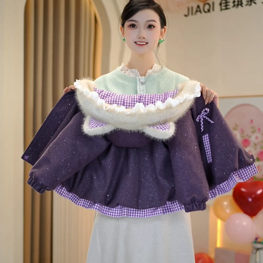 【佳琪妈】年服圣诞极寒系列女童紫色加绒加厚毛呢棉服外套-7212#