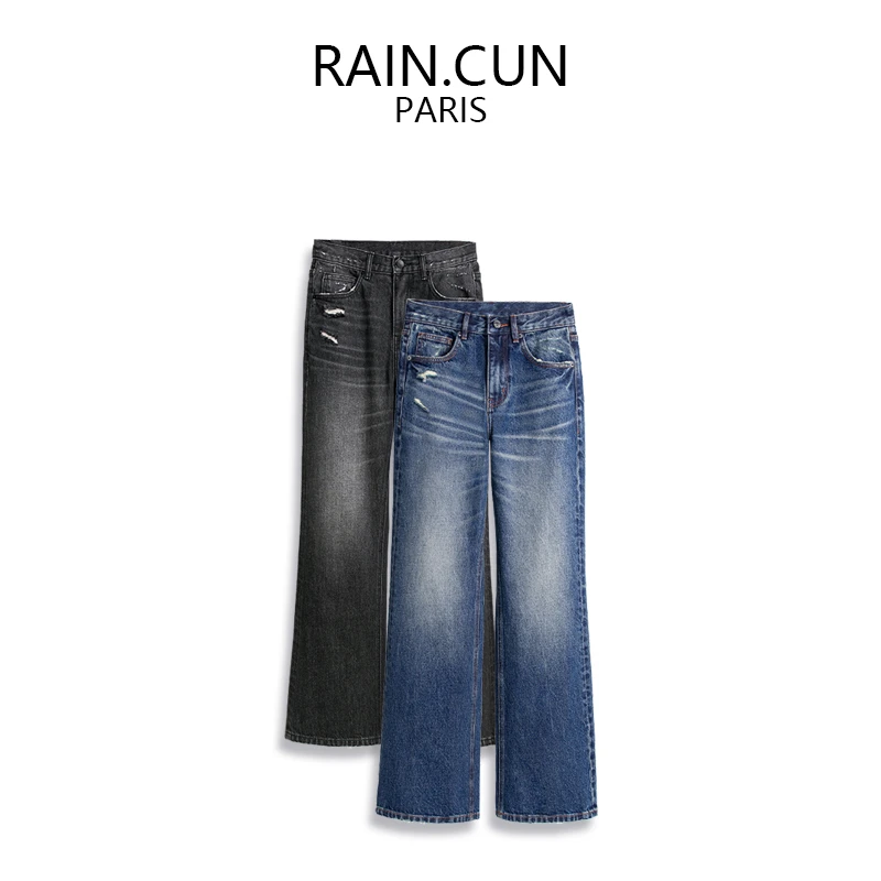 RAIN.CUN秋冬宽松高腰直筒微喇牛仔裤女裤子性感时髦长裤11836
