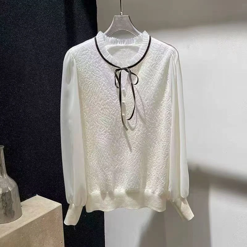 系带蝴蝶结钉珠优雅显瘦长袖圆领针织衫毛衣通勤气质福利001