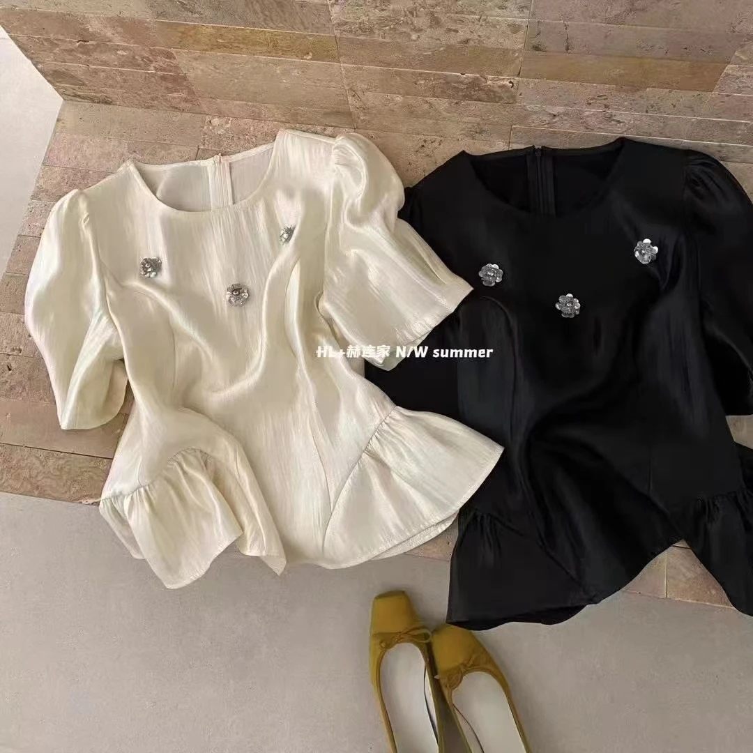 夏季新款醋酸花朵泡泡袖法式小众短袖收腰上衣女3