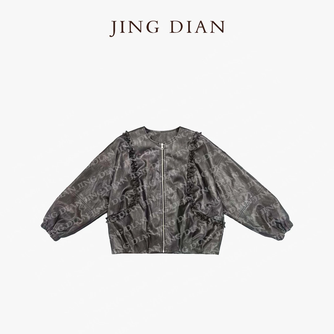 【JING DIAN】设计款黑咖对称花边圆领长袖外套