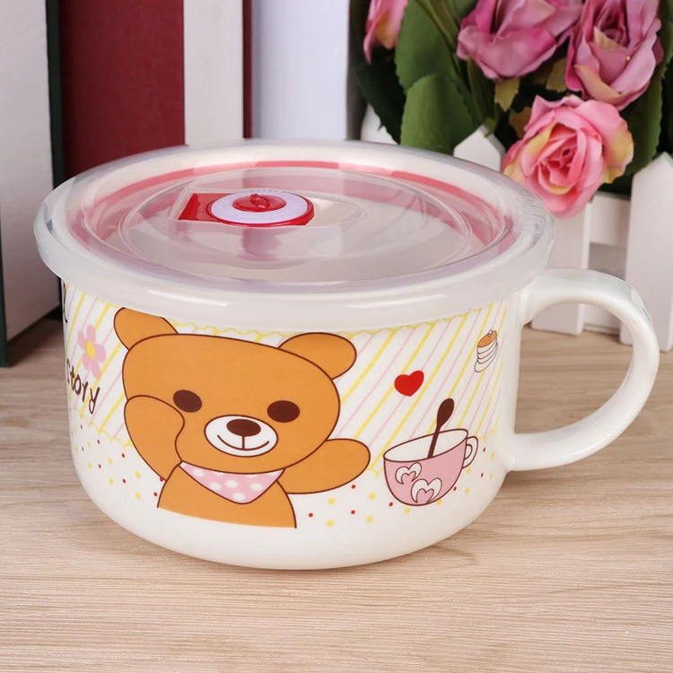 家用可微波陶瓷带盖密封保鲜碗 学生带手柄早餐杯便当盒