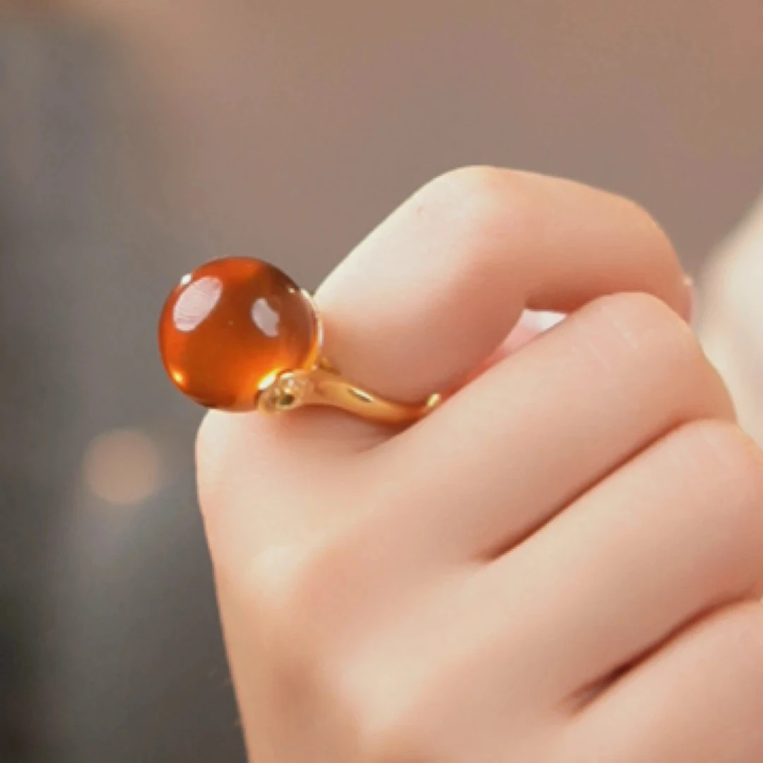 【天然珠宝】缅甸琥珀紫罗兰大珠复古豪镶开口戒指经典优棕珀