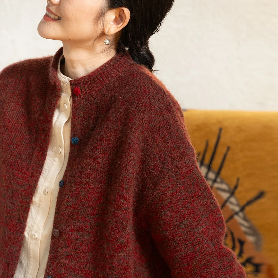 牧衣游原创 羊绒混织毛织外套冬软糯细腻蓬松百搭红色开衫 竹落生