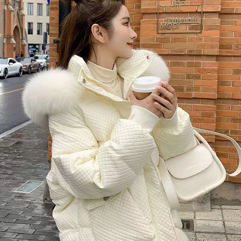 冬季时尚洋气韩版羽绒服美拉德显瘦修身大毛领宽松女装衣服白色粉