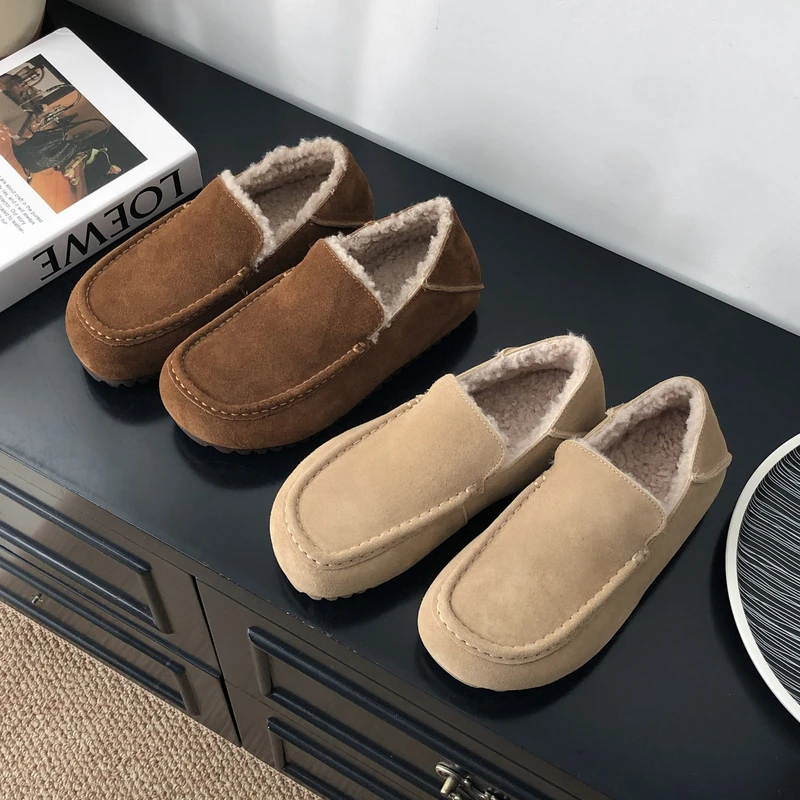 冬季平底乐福鞋真皮加绒保暖豆豆鞋女软底懒人鞋两穿一脚蹬勃肯鞋
