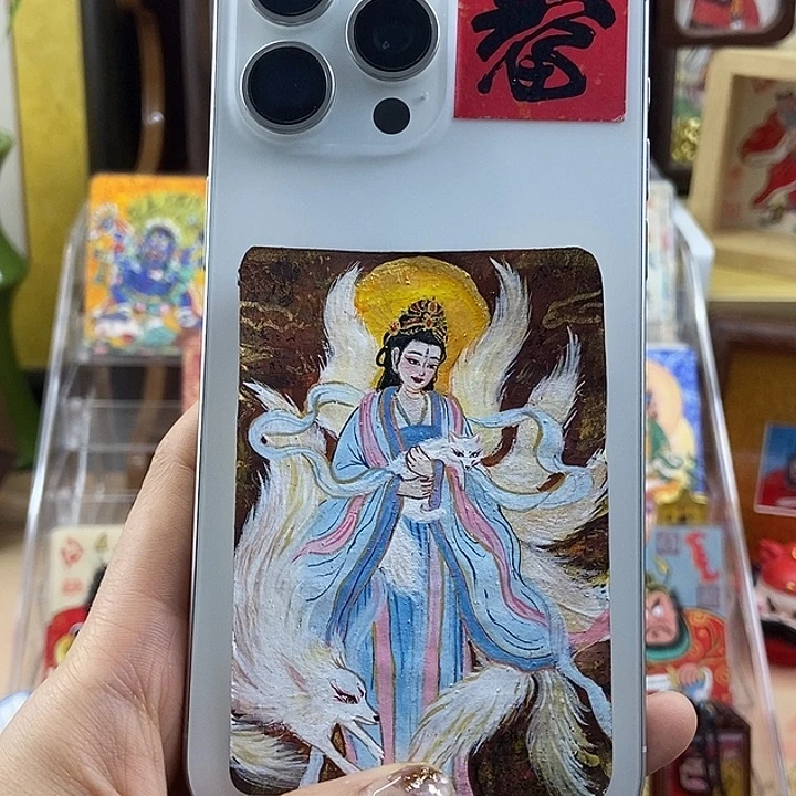 琉璃手工艺品孤品朱砂九尾狐娘娘背贴