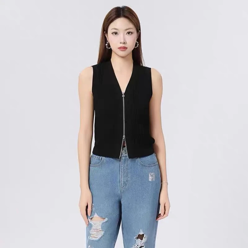 【商场同款】双拉链V领马甲新款时尚气质显瘦百搭针织背心女548027
