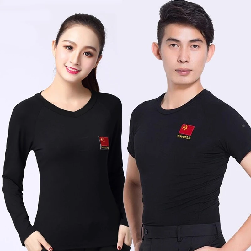 屈臣拉丁舞服夏季舞衣男女同款莫代尔广场舞服长短袖黑色跳舞练功