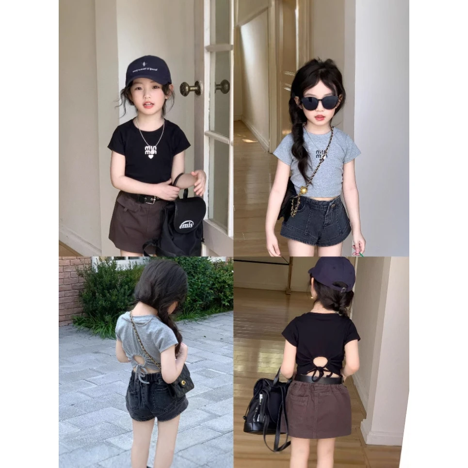 小粉象 ·夏季新款女童韩版字母印花露背短袖基础百搭辣妹上衣