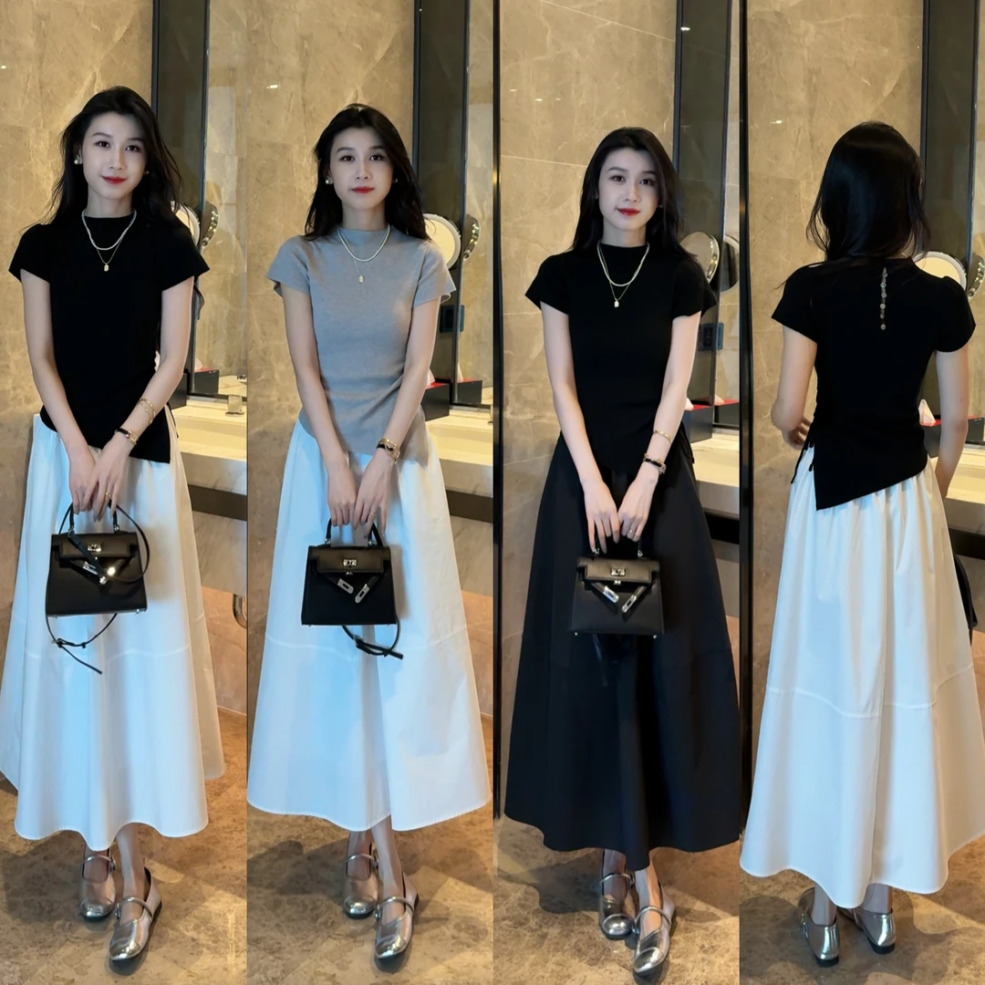 时尚百搭两穿抽绳修身短袖毛针织衫+半身摆裙修身遮胯显瘦套装