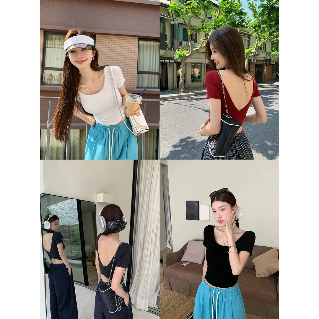 张贝贝 甜辣小女友 交叉露背 胸垫一体式修身短t