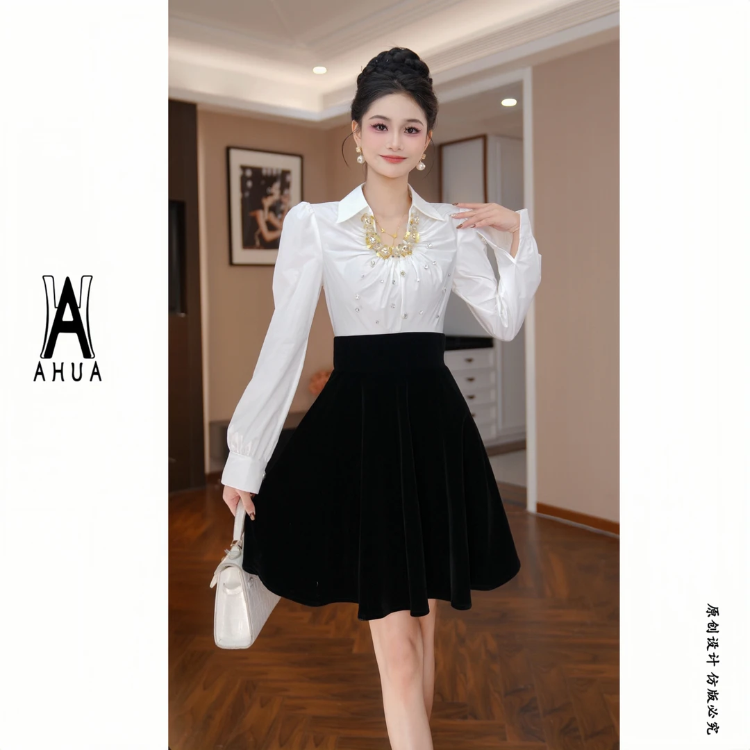 【花花原创】新款黑白拼接气质时尚高腰显瘦秋冬千金风裙子65510