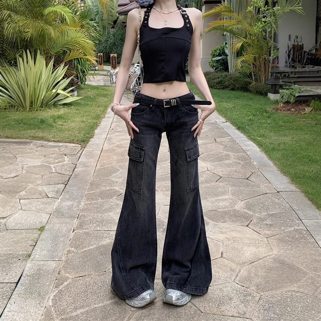 美式复古口袋工装裤牛仔裤女早春新款微喇长裤马蹄裤拖地裤子