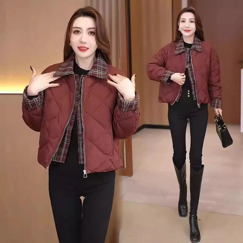 小个子轻薄保暖羽绒棉服女2024冬新款菱格宽松假两件格子拼接外套