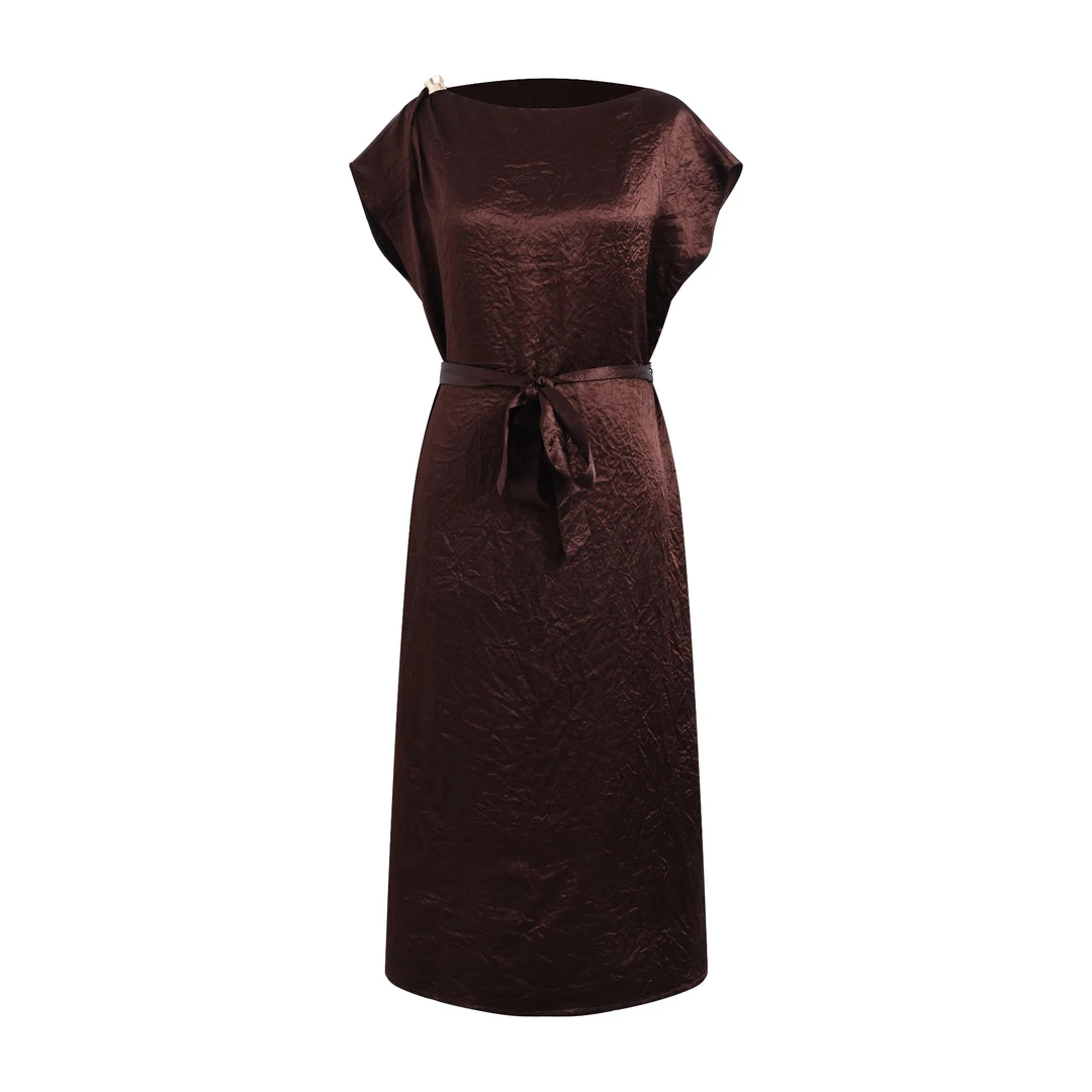 30929【恩*订单】2025夏季气质一字领褶皱醋酸连衣裙0776