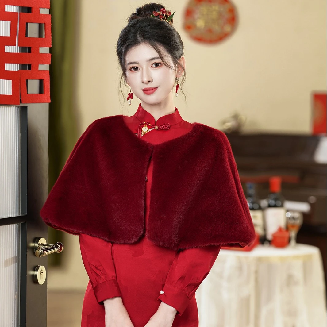 毛披肩秋冬斗篷晚宴婚纱礼服旗袍仿皮草加厚保暖百搭结婚外套披风