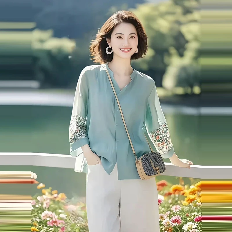 七分袖宽松小衫时尚设计感别致衬衫夏女复古中国风绣花雪纺衫上衣