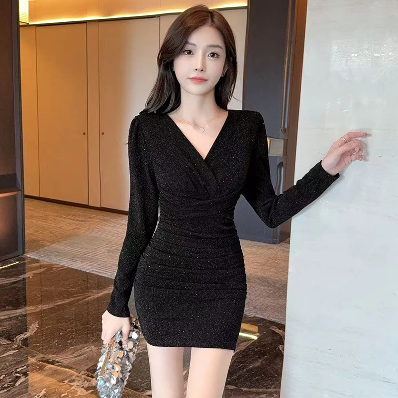 名媛气质V领亮闪闪褶皱长袖连衣裙秋季辣妹修身显瘦性感包臀短裙