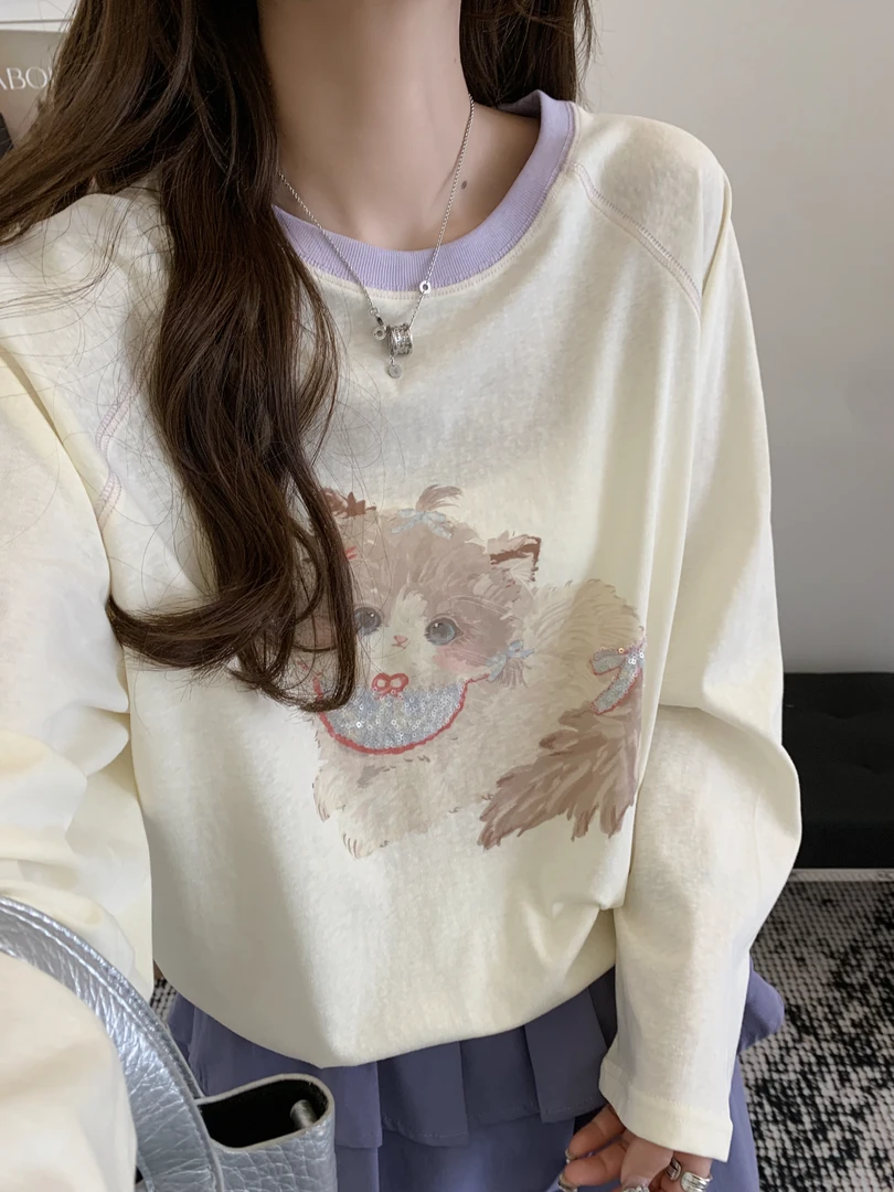 0187【夏季新款】亮片绣可爱布偶猫咪撞色宽松防晒T恤（513）
