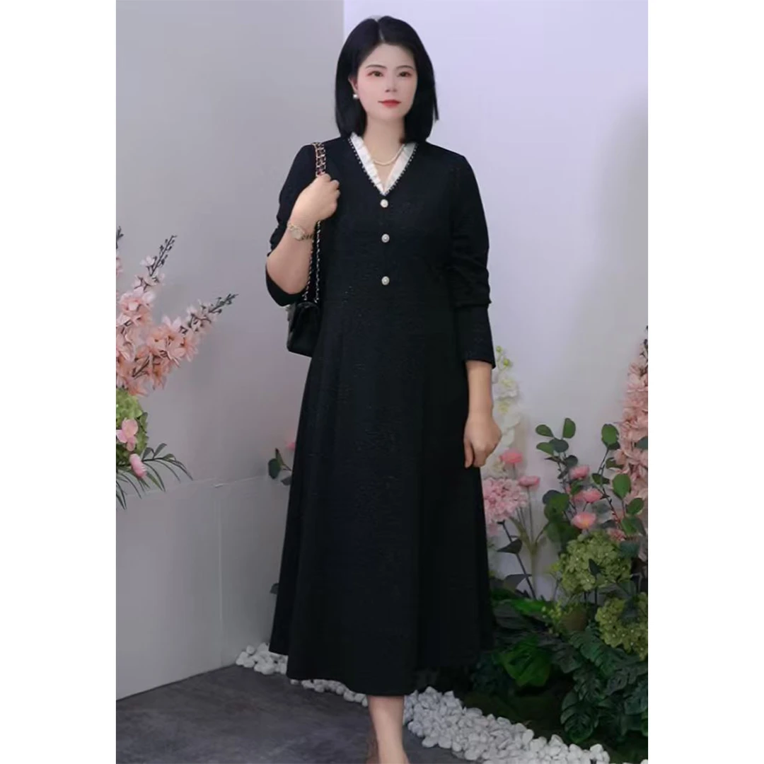 司缪【W6043】轻奢大码女装冬季黑色A字裙女装针织气质V领连衣裙
